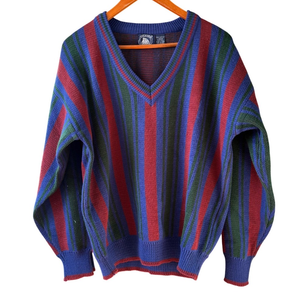 Vintage Atlantic Traders Stripe Acrylic Dad Sweater V-Neck Men's Size Large